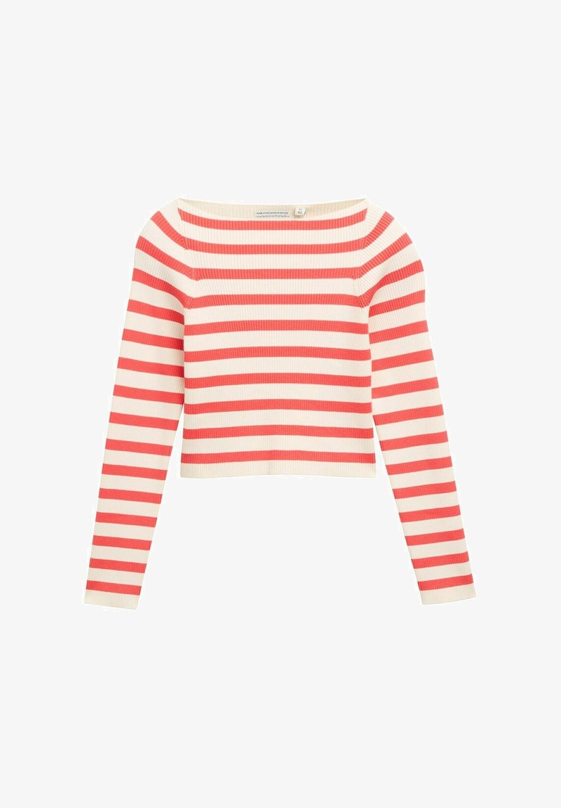 Haut en maille côtelée à manches longues avec rayures horizontales rouges et blanc cassé et encolure bateau, présenté à plat sur fond blanc.