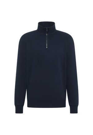 Marineblauer Langarm-Pullover mit hohem Kragen und kurzem Frontreißverschluss. Gerippte Bündchen und Bund.