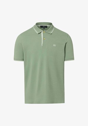 Hellgrünes Polohemd mit kurzen Ärmeln, weißem Besatz am Kragen und den Ärmelenden, zwei Knöpfen und einem kleinen weißen rechteckigen Logo auf der Brust.
