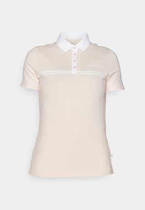 Polo beige a maniche corte con colletto bianco, quattro bottoni, striscia orizzontale bianca e logo discreto sul petto.