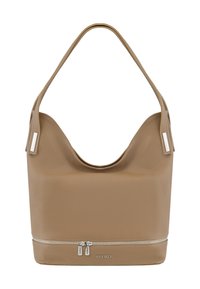 Tan leren hobo-tas met een gestructureerd oppervlak, een gebogen bovenopening en een ritssluiting aan de onderkant. Voorzien van hardware-accenten in zilverkleur.