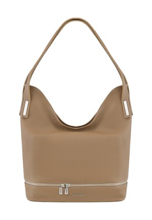Sac hobo en cuir tan avec une surface texturée, une ouverture supérieure incurvée et un compartiment inférieur zippé. Comprend des accents en métal argenté.