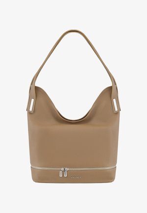 Brūna ādas hobo soma ar teksturētu virsmu, ar izliekta augšējo atveri un ar rāvējslēdzēja apakšējo nodalījumu. Iespējotas sudraba toņa aparatūras akcenti.