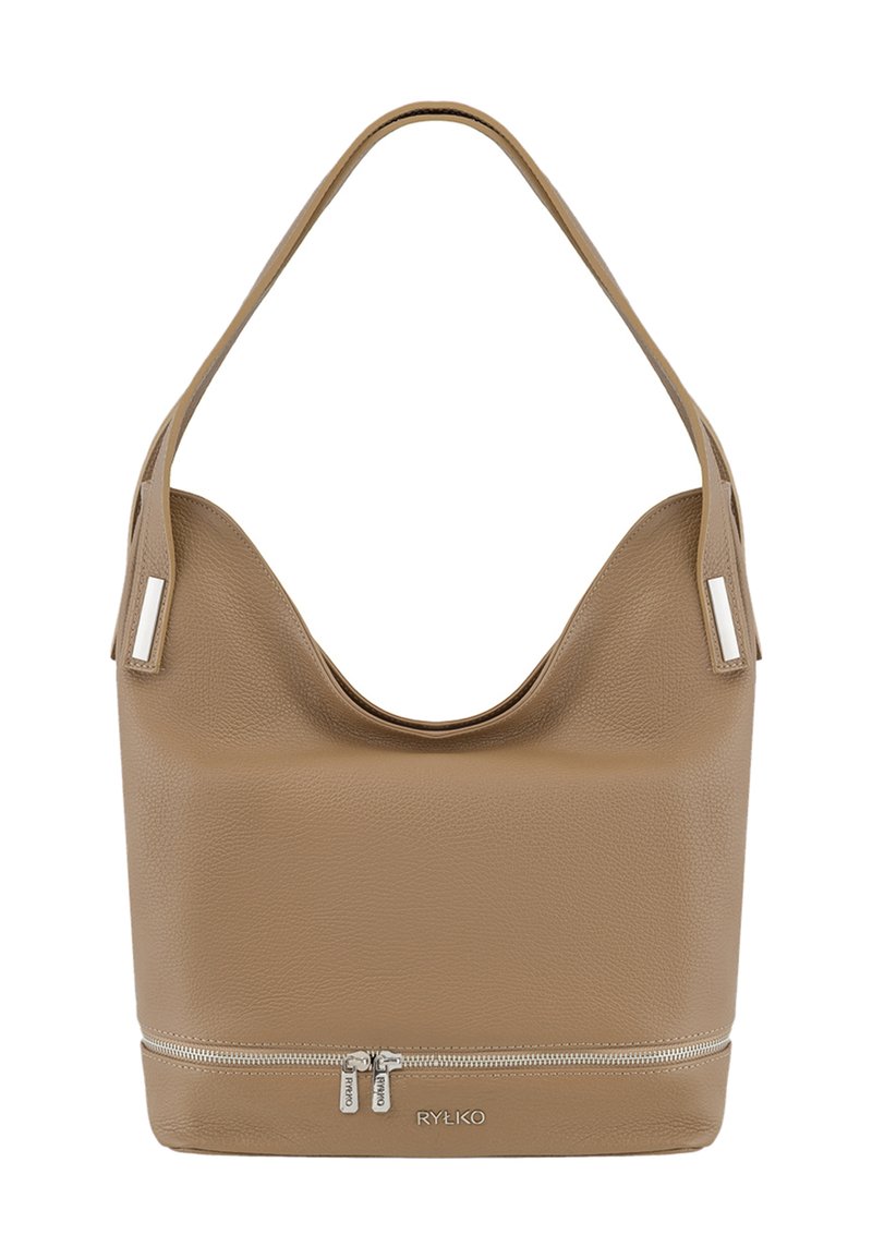 Tan leren hobo-tas met een gestructureerd oppervlak, een gebogen bovenopening en een ritssluiting aan de onderkant. Voorzien van hardware-accenten in zilverkleur.