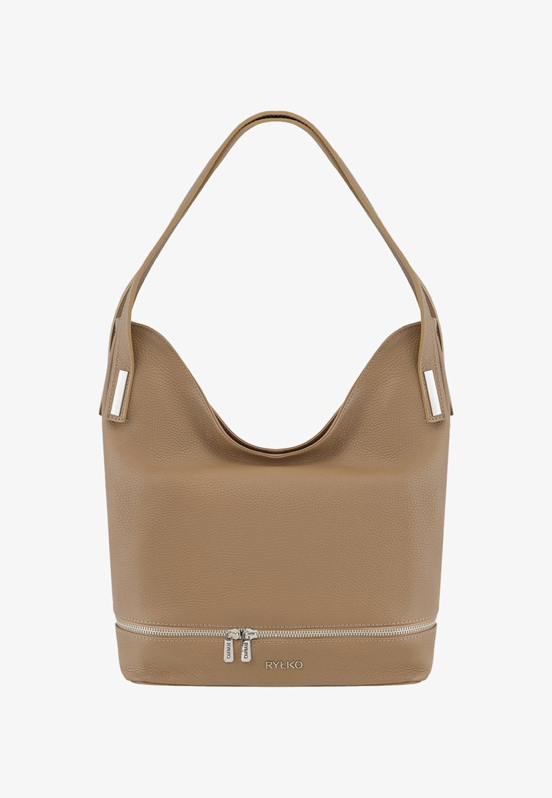 Borsa hobo in pelle color tan con superficie testurizzata, apertura superiore curva e scomparto inferiore con cerniera. Caratterizzata da dettagli in metallo color argento.
