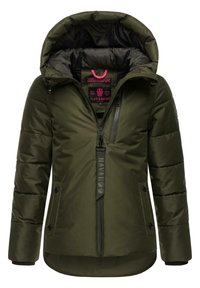 Olive green padded jacket with a hood, featuring a zippered front, side pockets, and elastic cuffs. Logo detail on the zipper pull and inner lining.