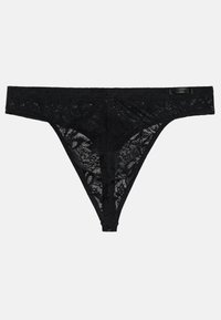 Schwarzer Spitzen-Tanga mit floralem Muster, Netzstruktur und Satinbandakzent am Bund. Design mit minimaler Abdeckung.