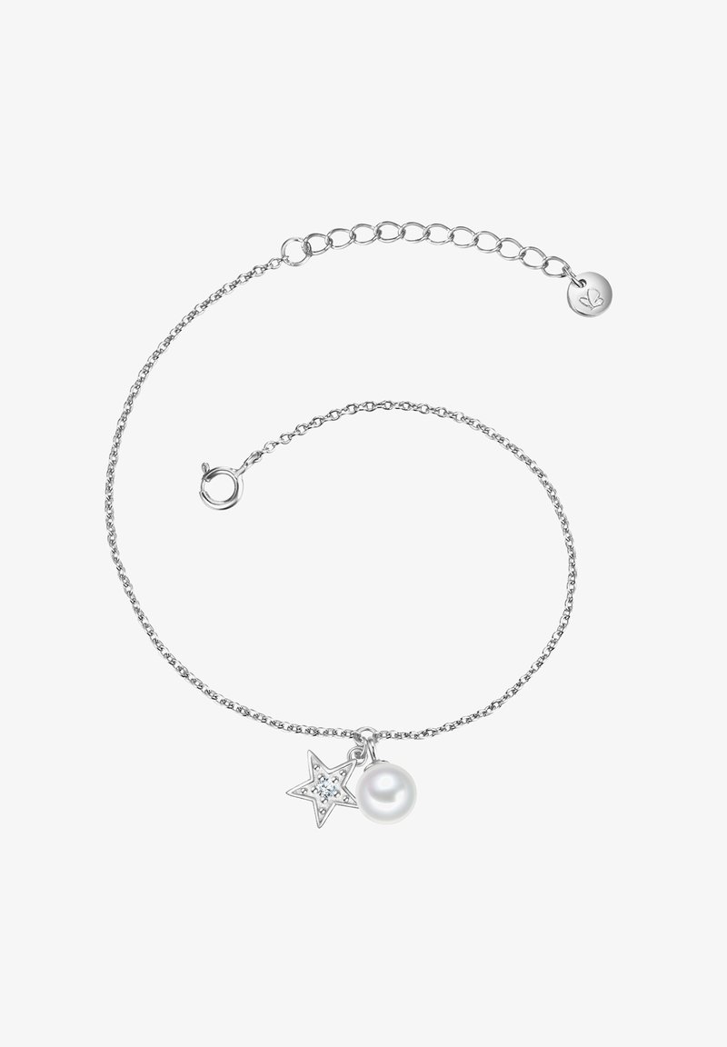 Pulsera de cadena de plata con un charm de estrella y perla, con un detallado intrincado, un acabado pulido y un cierre de broche.