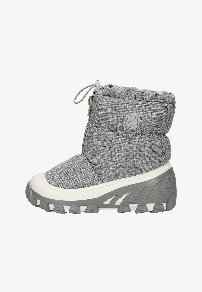 Szare materiałowe botki z wyściółką, bocznym zamkiem błyskawicznym oraz teksturowaną gumową podeszwą z białym akcentem i wytrzymałym wzorem.