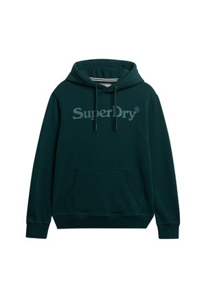 Donkergroene hoodie met een voorkantzak, trekkoorden en het 'SuperDry' logo in lichtgrijs over de borst. Zacht katoenen materiaal.