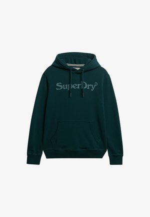 Donkergroene hoodie met een voorkantzak, trekkoorden en het 'SuperDry' logo in lichtgrijs over de borst. Zacht katoenen materiaal.