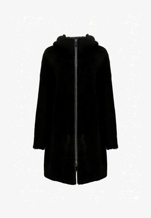 Schwarzer Fleece-Mantel mit Reißverschluss, Kapuze und langen Ärmeln. Er hat eine weiche Textur und einen Übergrößenschnitt mit geradem Saum.