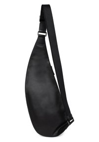 Borsa a tracolla nera realizzata in pelle liscia con una tracolla in tessuto regolabile, caratterizzata da una forma slanciata e da un design minimalista.