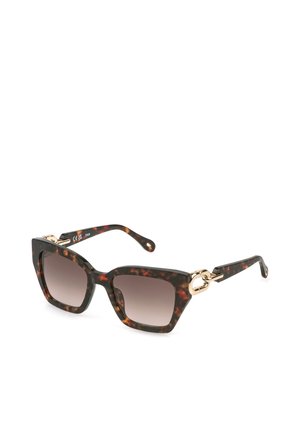 Lunettes de soleil carrées en écaille avec verres marron dégradés et détail chaîne dorée sur les branches.
