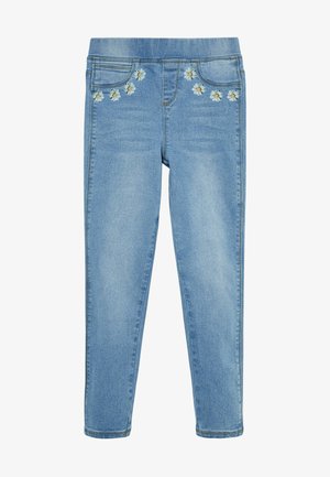 Jasnoniebieskie dżinsy z elastycznym pasem i haftowanymi białymi stokrotkami wzdłuż krawędzi przednich kieszeni.