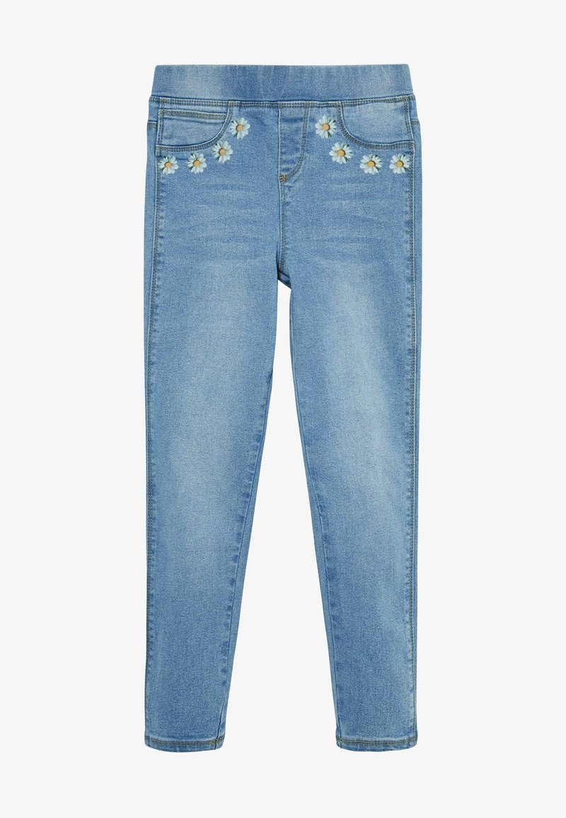 Jean en denim bleu clair avec taille élastique et marguerites blanches brodées le long des bords des poches avant.