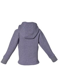 Lilla sweatshirt med hætte, der har lange ærmer og grå manchetter. Viser et lille blåt og gult emblem på bagsiden nær halsen.
