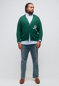 Άνδρας με πλεξουδάκια που φοράει πράσινη ζακέτα με κουμπιά και το γράμμα "R", μπλε ριγέ πουκάμισο, τζιν και καφέ παπούτσια, στέκεται μπροστά σε απλό φόντο.