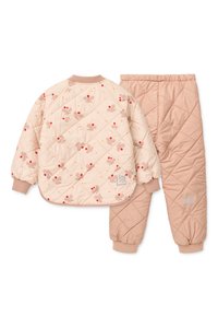 Σετ ελαφρύ μπουφάν και παντελόνι με καπιτονέ υφή σε απαλό ροδακινί χρώμα με λουλουδάτο σχέδιο. Διαθέτει ελαστικά μανίκια και ζώνη μέσης για άνεση και καλή εφαρμογή.