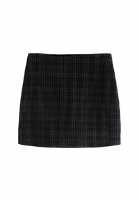 Sort ribbet mini-skjørt med en struktureret overflade og elastisk talje, der har en lige skæring og en søm langs den nederste kant.