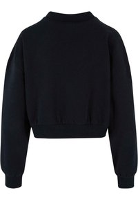 Felpa nera cropped con colletto e polsini a costine, maniche a palloncino e una fascia ampia in vita per un fit rilassato.