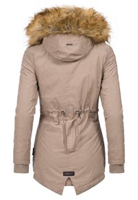 Beige parka jacket with a fur-lined hood, elastic drawstring at the waist, ribbed cuffs, and a angled hem at the back.