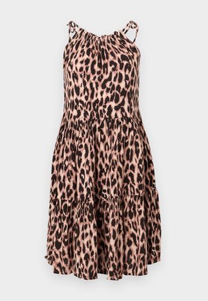 Leopardenmuster im Stufenkleid in Pink und Schwarz, mit verstellbaren Schulterträgern und gerafftem Ausschnitt, aus leichtem Stoff gefertigt.