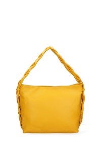Borsa in pelle gialla con manico intrecciato, forma rettangolare, superficie liscia e apertura superiore con zip.