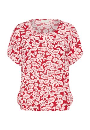 Punainen lyhythihainen toppi, jossa on valkoinen kukkakuosi, pyöreä kaula-aukko ja löysä istuvuus, valmistettu kevyestä kankaasta.