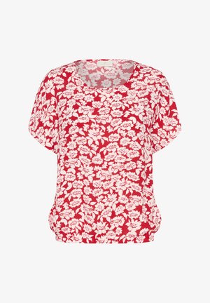 Top roșu cu mânecă scurtă, decorat cu un model floral alb, cu un guler rotund și o croială lejeră, realizat dintr-un material ușor.