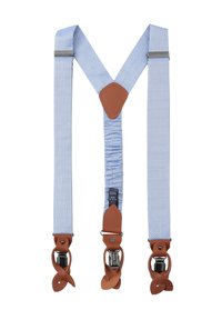 Helle blaue Stoff-Träger mit braunen Lederakzenten und silbernem Zubehör; ausgestattet mit einem X-förmigen Rücken und verstellbaren Clips.