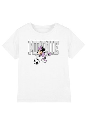 White child’s T-shirt with gray "MINNIE" text and Minnie Mouse in a purple outfit kicking a black-and-white soccer ball.