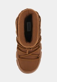 Rudi žieminiai batai su minkšta, tekstūruota vidine dalimi, tvirtu viršutiniu sluoksniu, elastingomis raištelėmis ir paminkštintu kraštu patogumui.