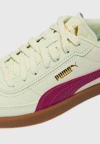 Adidași din piele verde deschis cu accente roz, logo auriu și detalii texturate. Prezintă șireturi plate și o talpă din cauciuc maro.