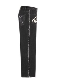 Black denim jeans with a straight leg design, frayed side seams, and white embroidered accents. Features two back pockets with stitching detail.