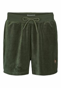 Shorts en velours vert foncé avec ceinture élastique et cordon de serrage, avec poches latérales et petit logo brodé sur la jambe gauche.