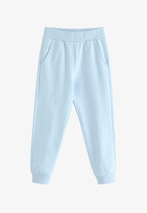 Lyseblå joggingbukser lavet af blød bomuldsblanding med elastisk talje, to sidelommer og elastiske manchetter ved anklerne.