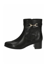 Botine negre până la gleznă, realizate din material texturat, având un toc bloc de înălțime medie și un accent din metal auriu pe curea.