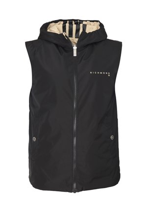 Gilet nero senza maniche con cappuccio e zip sul davanti, con un interno a righe beige e testo del logo sul petto. Tessuto liscio e leggero.