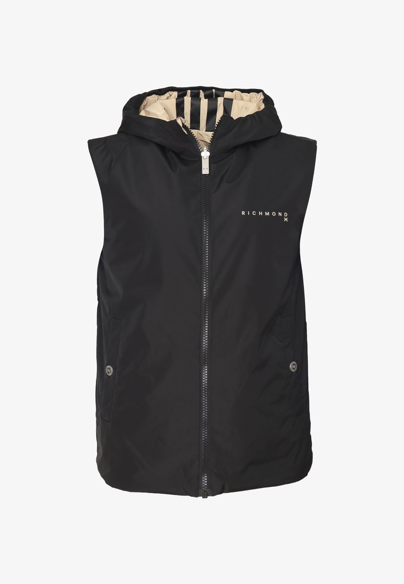 Gilet nero senza maniche con cappuccio e zip sul davanti, con un interno a righe beige e testo del logo sul petto. Tessuto liscio e leggero.