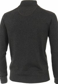 Dunkelgrauer Pullover mit langen Ärmeln, geripptem Kragen und Bündchen, weicher Textur, klarem Design und ohne sichtbare Logos oder Muster auf der Rückseite.