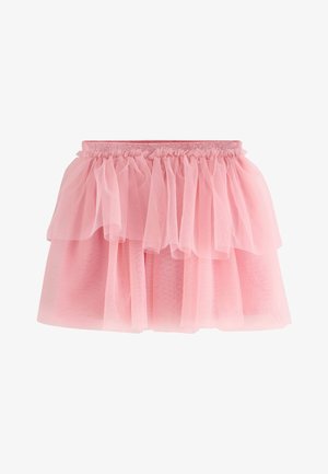 Rožinės spalvos sluoksniuota tiulio sijonas su susmulkintais raukiniais ir blizgia elastinga juosmens juosta.