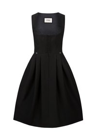 Black dress with a fitted bodice, square neckline, and pleated skirt. Features decorative buttons and a polka dot lining. Made from textured fabric.