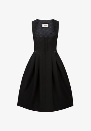 Schwarzes Kleid mit tailliertem Oberteil, quadratischem Ausschnitt und plissiertem Rock. Verziert mit dekorativen Knöpfen und einem gepunkteten Futter. Hergestellt aus strukturiertem Stoff.