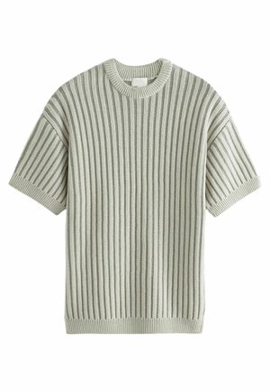 Light grey ribbed knit short-sleeve sweater with a round neckline. Features vertical stripes and a loose fit. Soft texture, no visible embellishments.