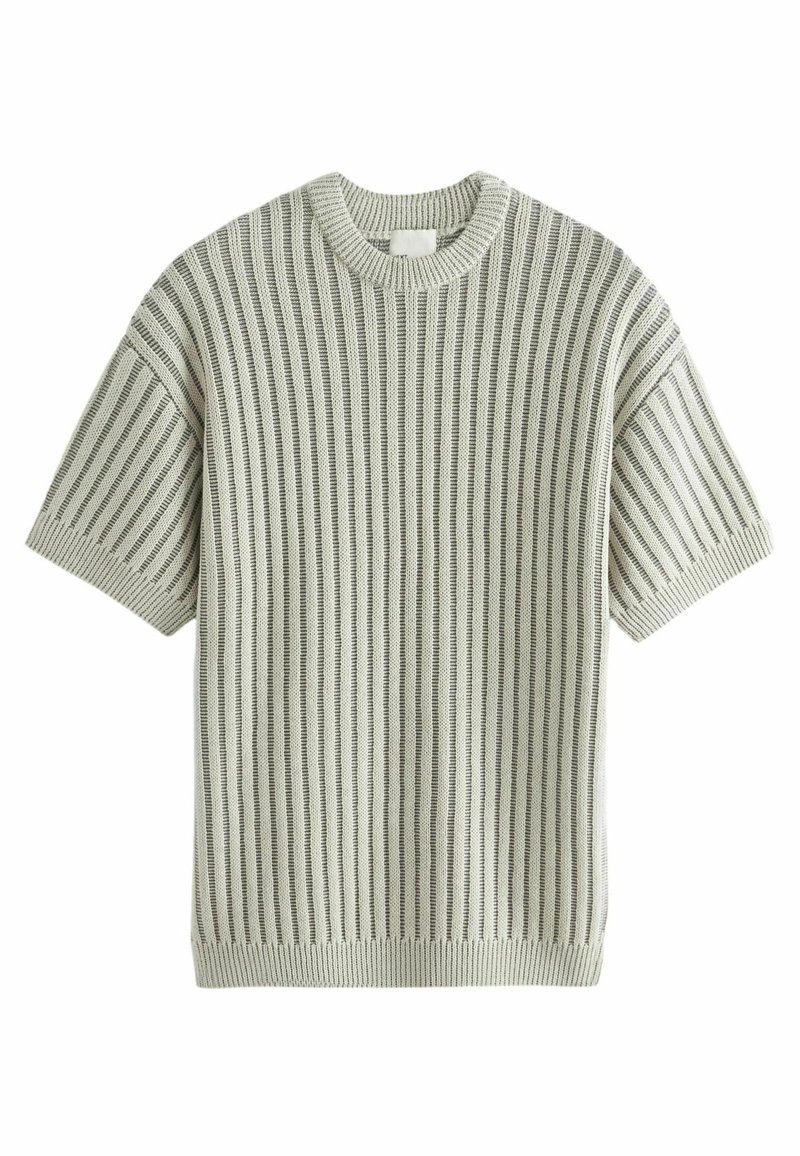 Light grey ribbed knit short-sleeve sweater with a round neckline. Features vertical stripes and a loose fit. Soft texture, no visible embellishments.