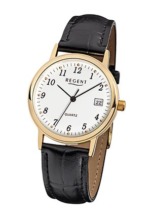 Analog quartz watch with a gold-tone case, white dial, black leather strap, and date display at the 3 o'clock position.