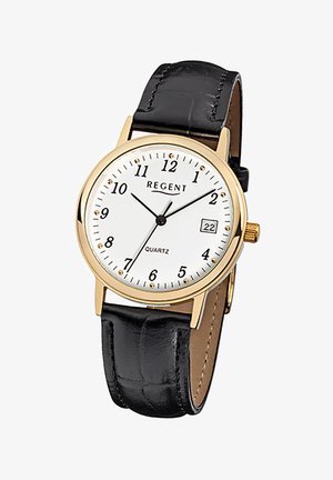 Analog quartz watch with a gold-tone case, white dial, black leather strap, and date display at the 3 o'clock position.