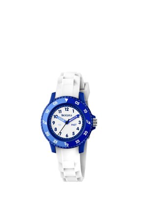 White and blue analog watch with labeled hour and minute hands and numbers marking minutes and hours on the dial and bezel.