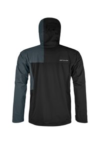 Schwarze und dunkelgraue wasserdichte Jacke mit Kapuze, kontrastierenden Einsätzen und einer Reißverschlusstasche. Glatte Textur ohne sichtbare Hardware.